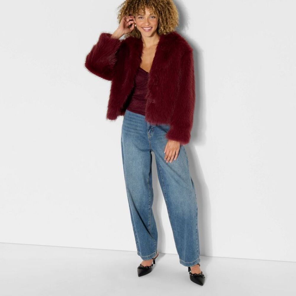 Women's Short Faux Fur Jacket - Wild Fable Burgundy S